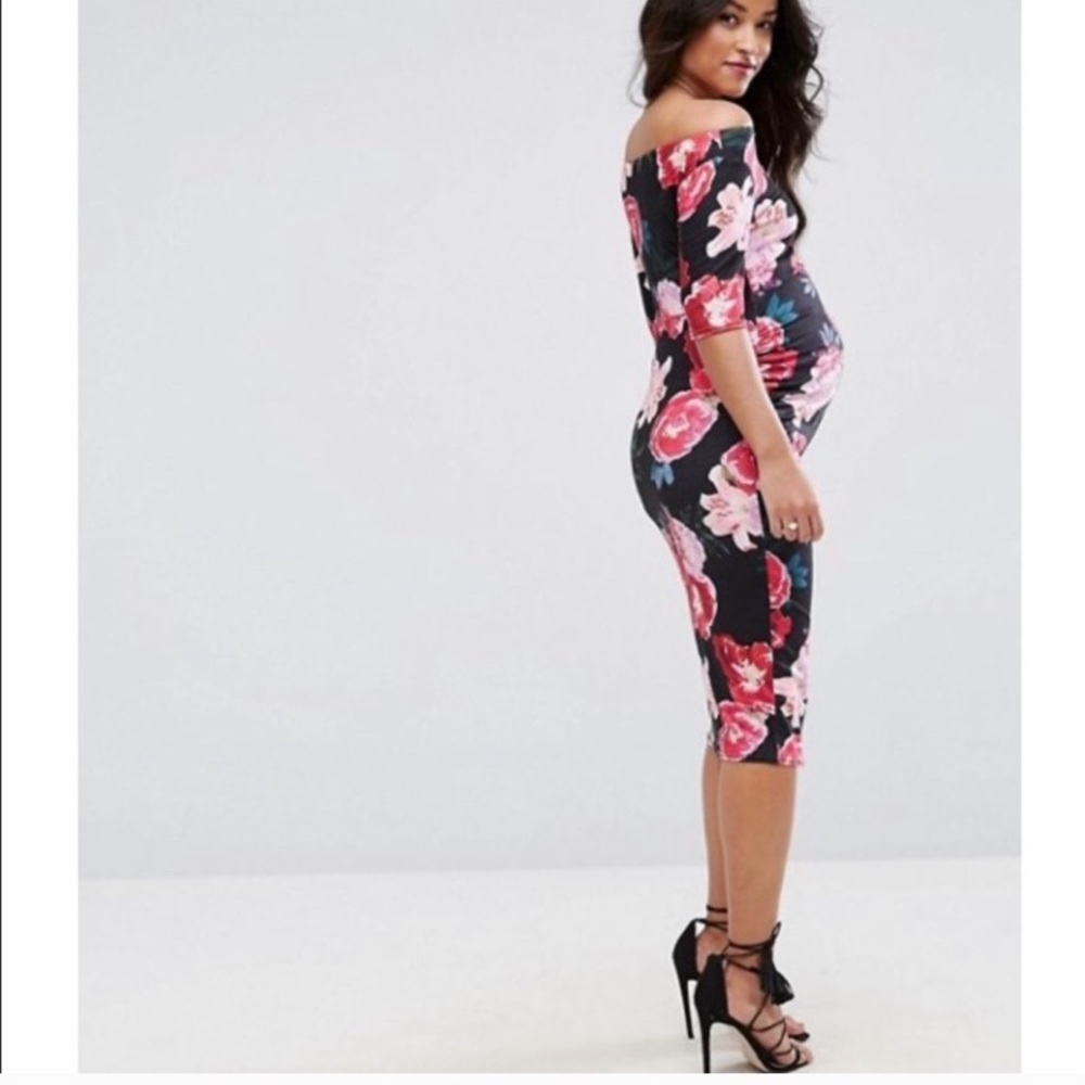 ASOS Floral Off-Shoulder Midi Dress - Black and Pink